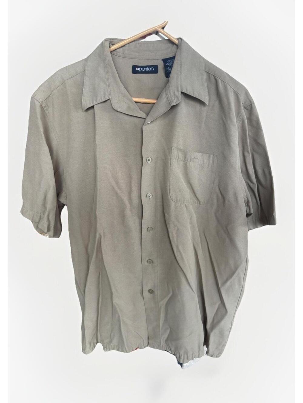 Puritan Button Up Down Short Sleeve Tan Shirt  70% RAYON Mens Size large